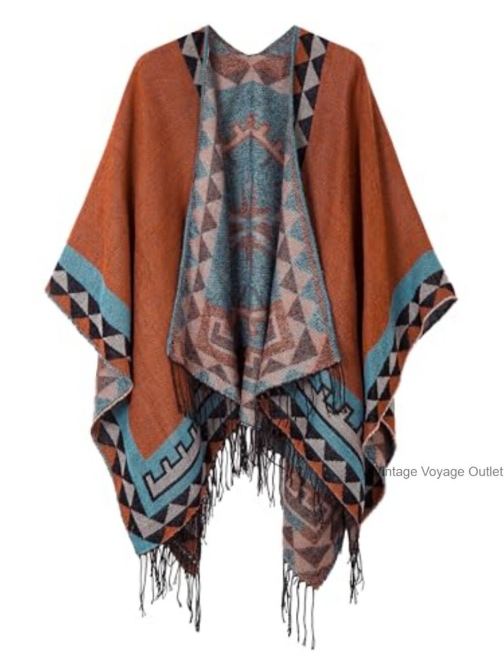 Open Front Poncho Shawl Wrap Tassel Reversible Polyester Acrylic Blend Women's